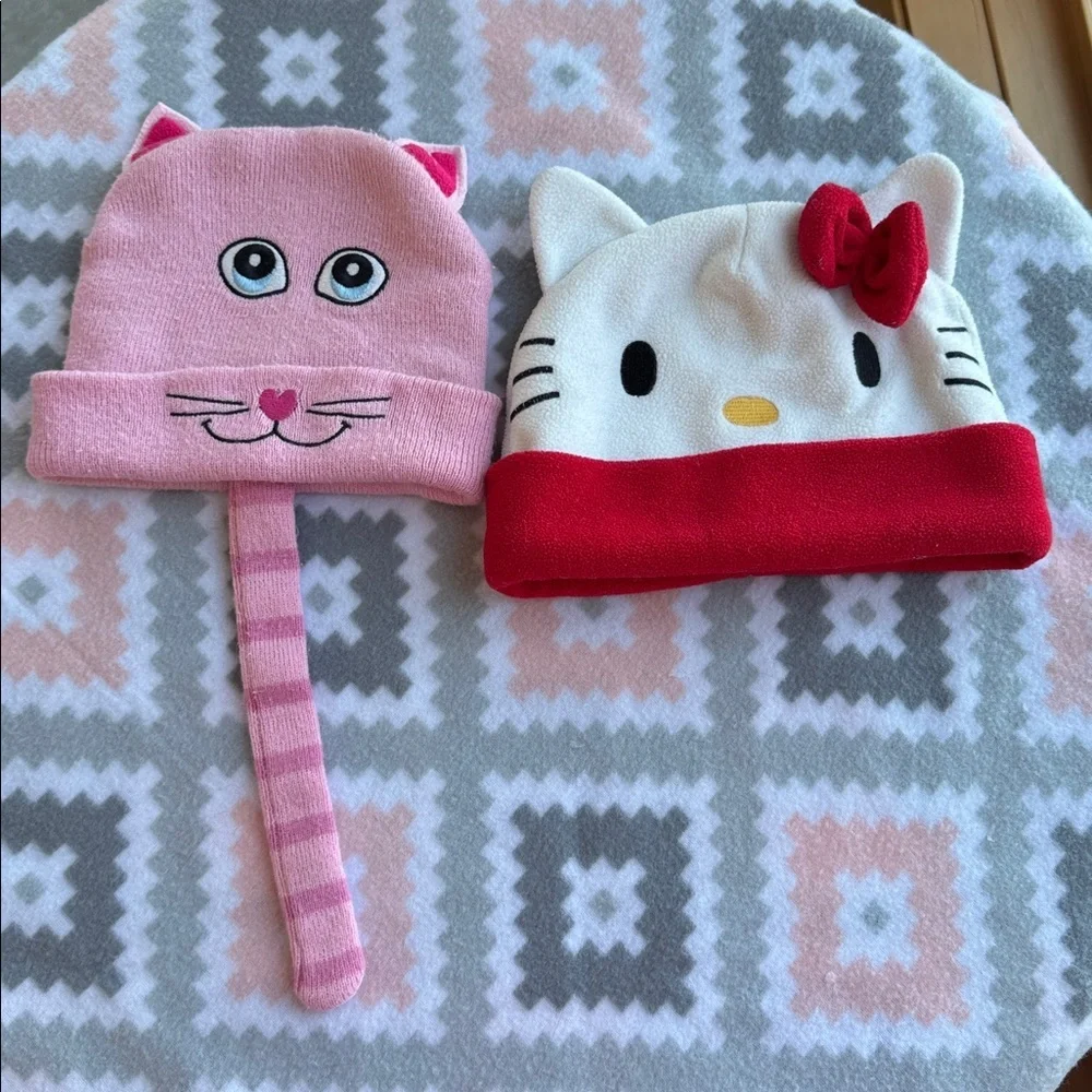 2 hats Hello Kitty and Pink Cat Beanies - White Red Pink